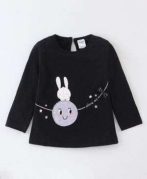 Simply Cotton Full Sleeves T-Shirt  Moon & Rabbit Print with Bow Applique  - Black