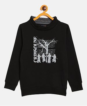 CRIMSOUNE CLUB Cotton Full Sleeves Tree & Brand Name Text Printed Sweatshirt - Black