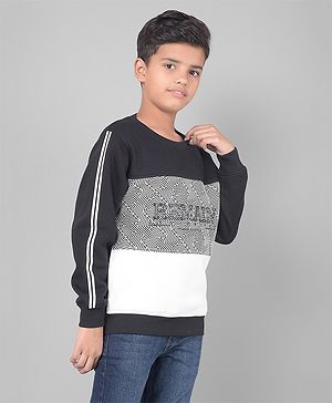 CRIMSOUNE CLUB Cotton Full Sleeves Colour Blocked & Text Printed Sweatshirt - Black