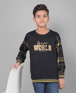 CRIMSOUNE CLUB Cotton Full Sleeves Life Is Short World Is Wide Text Printed Sweatshirt - Black