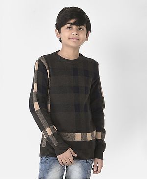 CRIMSOUNE CLUB Full Sleeves Checked Design Sweater - Olive Green