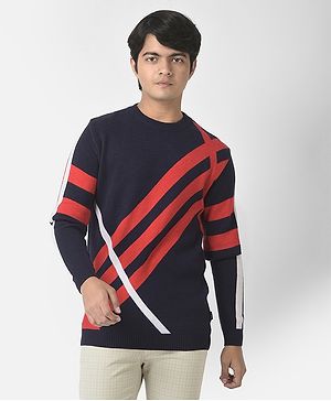 CRIMSOUNE CLUB Full Sleeves Striped Design Sweater - Navy Blue