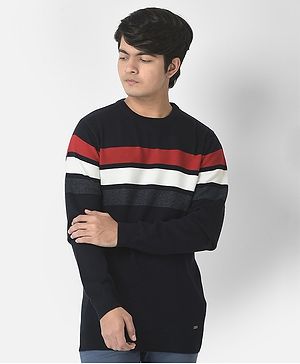 CRIMSOUNE CLUB Cotton Full Sleeves Striped Sweater - Navy