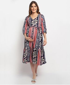 Moms Maternity Three Fourth Sleeves Floral & Paisley Printed Maternity Dress With Concealed Zipper Nursing Access - Blue