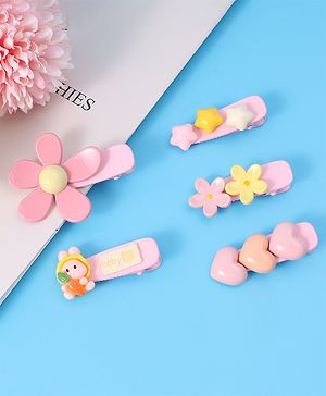 Babyhug Floral & Star Applique Hair Pins And Clips Pack of 5- Pink