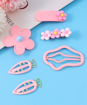 Babyhug Hair Pins And Clips with Floral Applique Free Size Pack of 6 - Pink