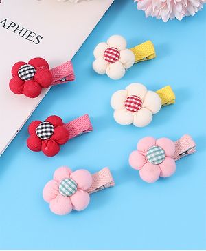 Babyhug Hair Pins And Clips with Floral Applique Free Size Pack of 6 - Red White & Pink