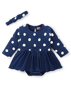 Babyhug 100 % Cotton Knit Full Sleeves Frock Style Onesie With Hairband Polka Dot Print-Navy Blue