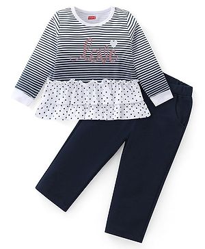 Babyhug Cotton Knit Full Sleeves Striped Top & Jegging Pants Set With Text Print - Grey