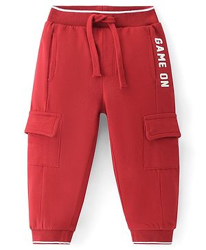 Babyhug French Terry Knit Full Length Lounge Pant with Cargo Pockets & Text Print - Red