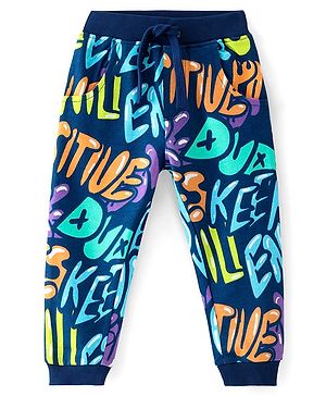 Babyhug Terry Cotton Knit Full Length Lounge Pant with Text Print - Navy Blue