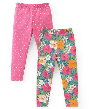 Babyhug Cotton Lycra Knit Full Length Stretchable Leggings with Floral & Polka Dots Print Pack of 2 - Multicolour
