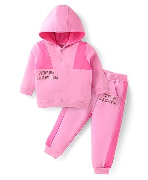 Babyhug Terry Knit Full Sleeves Cut & Sew Hooded Sweatshirt with Text Print & Joggers - Pink