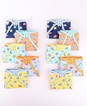 Babyhug Interlock Dyed U Shape Cloth Nappies Solar Print New Born Pack of 10-Multicolor
