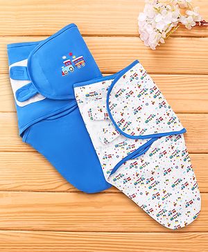 Babyhug 100% Cotton Swaddle Wrapper Train Print Set of 2-Blue