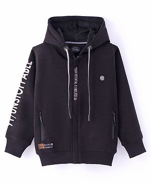 Noddy Full Sleeves Typography Printed Hooded Zipper Jacket - Black