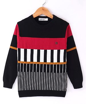 Noddy Knitted Full Sleeves Piano Designed & Color Blocked Pullover - Black