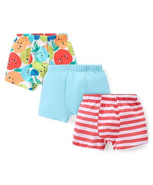 Babyhug 100% Cotton Knit Trunks with Striped & Fruit Print  Pack of 3 - Blue Red & White