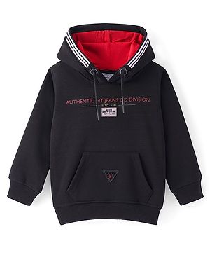 Noddy Full Sleeves Placement Typography Printed Hooded  Sweatshirt - Black