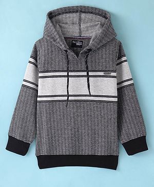 Noddy Knitted Full Sleeves Abstract Printed Colour Blocked Hooded Sweatshirt - Black