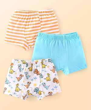 Babyhug Single Jersey Knit Trunks with Stripes & Dino Print Pack of 3 - Blue White & Orange