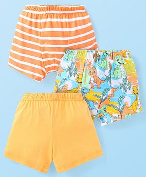 Babyhug 100% Cotton Knit Trunks Striped & Dino Print Pack of 3 - Orange & White