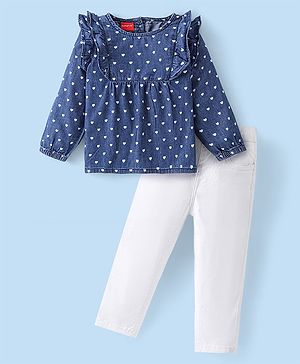 Babyhug Cotton Woven Full Sleeves Frill Detailed Hearts Printed Top & Denim Jeans Set - Blue & White