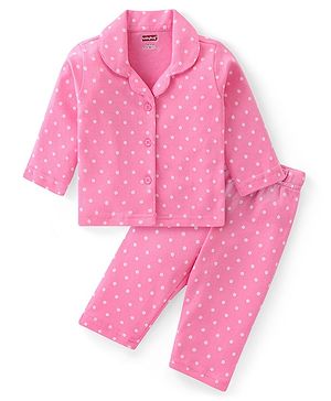 Babyhug Cotton Knit Full Sleeves Night Suit With Polka Dots Print - Pink