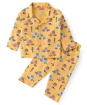 Babyhug Cotton Knit Full Sleeves Collar Neck Front Open Night Suit with Vehicles & Animal Print - Yellow