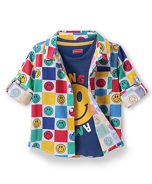 Babyhug Cotton Knit Full Sleeves Smiley Printed Shirt with T-Shirt - Navy Blue White & Yellow