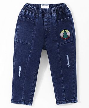 Kookie Kids Full Length Solid Denim Jeans With Tree Patch - Navy Blue