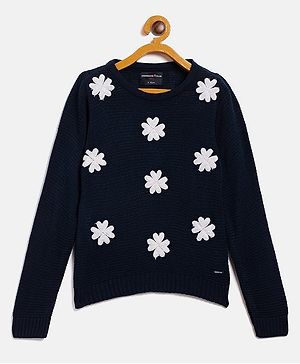 CRIMSOUNE CLUB Full Sleeves Floral Designed Sweater - Navy Blue