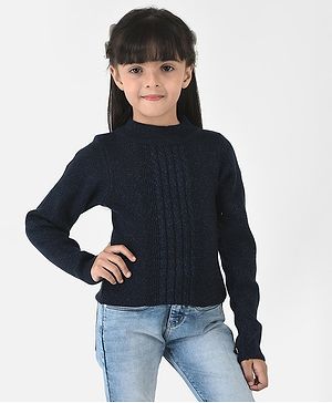 CRIMSOUNE CLUB Full Sleeves Cable Knit Design Sweater - Navy Blue