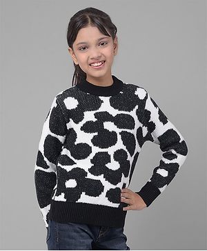 CRIMSOUNE CLUB Full Sleeves Floral Designed Sweater - Black