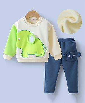 Kookie Kids Full Sleeves Winter Wear Suit With Elephant Applique - Beige Green & Navy Blue