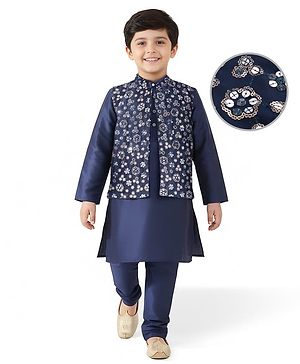 Pine Kids Woven Full Sleeves Solid Color Kurta Pajama Set With Floral Sequinned Jacket  - Navy Blue