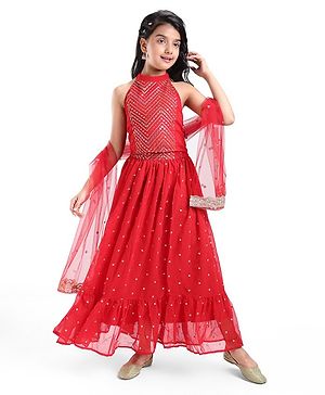 Pine Kids Woven Sleeveless Sequined & Embroidered Choli Lehenga Set with Dupatta - Red