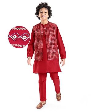 Pine Kids Woven Full Sleeves Solid Color Kurta Pajama Set With Sequinned Detailing Jacket  - Red