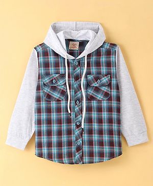 Rikidoos Full Sleeves Checked Shirt With Hooded Cap - Sea Green & Coffee