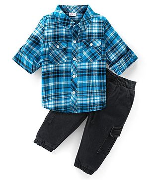 Babyhug Cotton Woven Full Sleeves Checks Shirt & Denim Jeans Set - Blue & Black