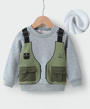 Kookie Kids Full Sleeves Winter Wear T-Shirt with Life Jacket Print - Grey