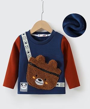 Kookie Kids Full Sleeves Winter Wear T-Shirt with Bear & Pocket Detailing  - Navy Blue