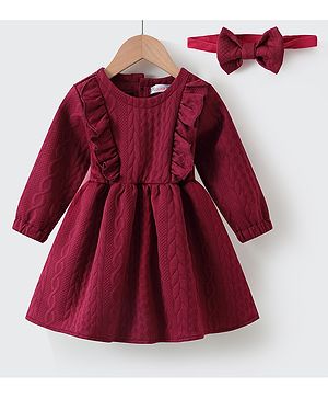 Kookie Kids Full Sleeves Frill Detailed Winter Frock With Headband - Maroon