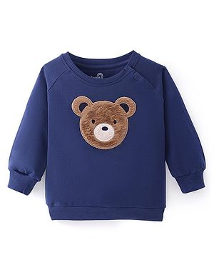 Doodle Poodle 100% Cotton Light Weight Looper Knit Full Sleeves Bear Patch Sweatshirt - Navy Blue