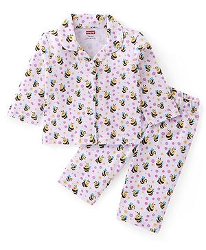 Babyhug Cotton Knit Full Sleeves Collar Neck Front Open Night Suit with Bee & Floral Print - White