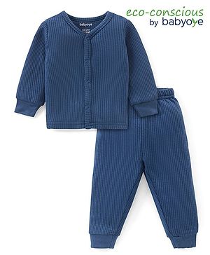 Babyoye Cotton Modal Blend Solid Dyed Full Sleeves Thermal Vest & Pant With Solid Colour - Blue