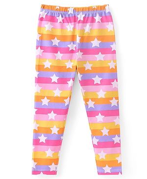 Babyhug Cotton Lycra Knit Striped Leggings with Star Print - Multicolour