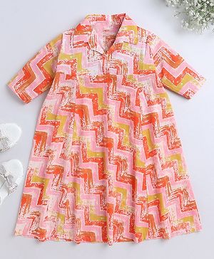 The Magic Wand Three Fourth Sleeves Abstract Printed Dress - Pink