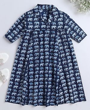 The Magic Wand Three Fourth Sleeves Elephants Printed Dress - Navy Blue