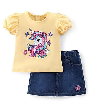 Babyhug Cotton Knit Half Sleeves Top & Denim Skirt Set With Unicorn Print - Yellow